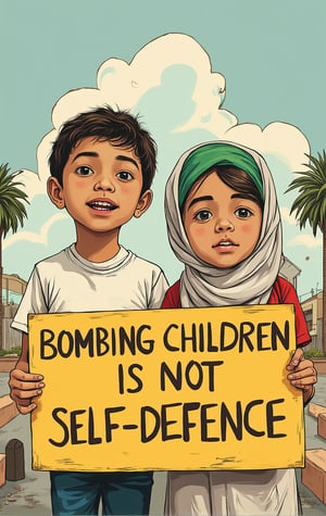 Two Hamas children holding a sign "Bombing children is not self-defence",NaturalFace,retroillustration