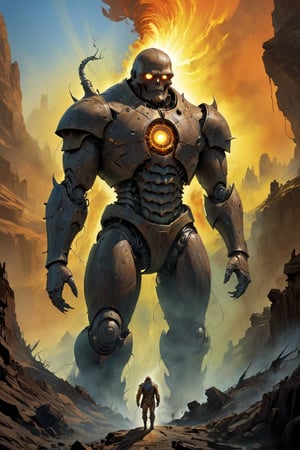 Facing the iron golem, Rusty and shining ((broken)) steampunk iron golem looking down at a man in a dusty ravine, Huge armored arms, exhaust pipes in it's back bellowing a thick smoke, machinery, broken parts, scratches, ((Dynamic, exciting, quirky)) digital painting, vivid colors, highly detailed, UHD drawing, pen and ink, perfect composition, 8k artistic photography, concept art, soft natural volumetric cinematic perfect light, Style by Ralph McQuarrie, Wayne Barlowe, Vincent Di Fate, Syd Mead Boris Vallejo, flat chested,zavy-fltlnpnt, chiaroscuro