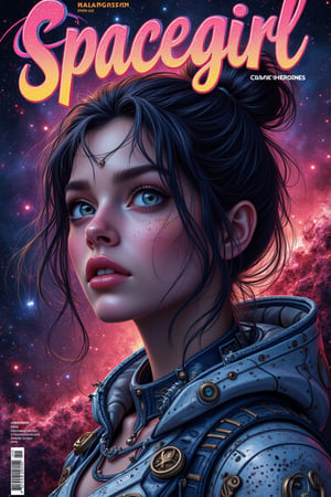 A magazine cover with the text “Spacegirl: Galactic Heroines”. The text has a very dynamic font.