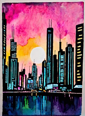 cyberpunk city, neon lights, flat chested, ((ink and watercolors)), minimalistic