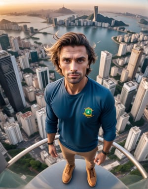 extremely realistic fisheye photo of a fit man looking at the camera on top of the tallest skyscraper, city of brazil far below in the background, windy hair, golden hour, photograph, detailed background, shoes visible