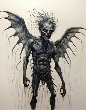 (oily wings:1.4), demon granny, flat chested, nude, (rain and storm:1.4), a dispoportionate creature of both nightmare and wonder, detailed background, intricate detail, watercolor, rainbow