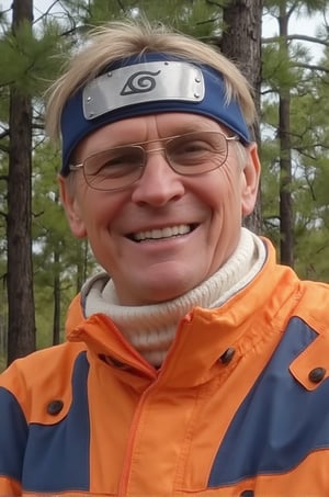 close-up photo of the face of DrDino as an old naruto wearing a bright orange jacket with blue accents and naruto head band. The jacket has a high white knit collar turned up. The jacket's zipper is closed. He has glasses and a lopsided forced smile. Forest in the background. Naruto clothes 