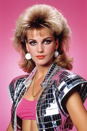 Photograph portrait of a 80s woman. 80s fashion at a disco