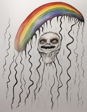 (oily wings:1.4), demon granny, flat chested, nude, (rain and storm:1.4), a dispoportionate creature of both nightmare and wonder, detailed background, intricate detail, watercolor, rainbow