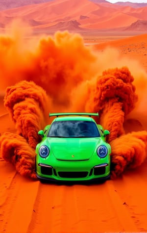 This picture features a vivid scene of a green Porsche sports car speeding through an orange desert, creating dramatic, swirling clouds of red sand behind it. The contrasting green of the car against the red-orange landscape makes it stand out, while the sand being kicked up adds a sense of motion and intensity. The symmetrical positioning of the car, combined with the curving sand trails, adds to the image's dynamic energy. The overall effect is a blend of natural and mechanical beauty, with a powerful sense of speed and adventure.

