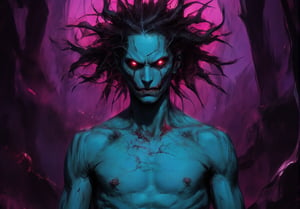 a stylized, surreal portrayal of a humanoid figure with demonic or supernatural qualities, rendered in a highly detailed and dramatic art style. The character's skin is a vivid turquoise blue with shadowed areas that create depth, and its anatomy is emphasized by sharp, sinewy musculature. The face is gaunt with exaggerated features, including deeply set eyes that glow in a striking red, creating an intense, piercing gaze. The skin has vein-like patterns etched into it, giving a sense of texture and eerie vitality.

The character’s hair is wild and chaotic, flowing outward in long, jagged strands, blending into the background, which shifts between vibrant shades of purple and magenta. The background has a gradient effect, swirling from dark shadows to brighter tones, adding a sense of motion and otherworldly atmosphere to the scene.

The style draws inspiration from dark fantasy art, characterized by intense contrast between light and shadow, and the use of rich, saturated colors that convey a mysterious and sinister mood. The rendering has a painterly quality, with visible brushstroke textures that enhance the dramatic, almost ethereal feel of the image. The overall composition centers the character, emphasizing its powerful presence against a cosmic and abstract backdrop, making it appear both menacing and majestic.,NaturalFace,imperfect skin