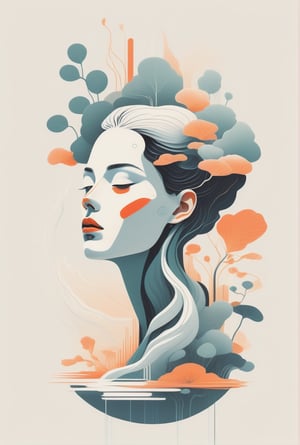 Create a digital anime illustration of a floating woman with a modern, minimalist aesthetic, influenced by Malika Favre. Prioritize clean, precise lines to define the figure and create a sense of delicacy. Use flat colors and negative space to evoke serenity. Incorporate subtle shading and smooth gradients for depth, while maintaining the overall simplicity. Include whimsical plant-like elements emanating from the figure’s head, suggesting growth or rejuvenation. Keep the color palette restrained, and ensure the design feels contemporary and calming