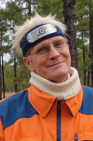 close-up photo of the face of DrDino as an old naruto wearing a bright orange jacket with blue accents and naruto head band. The jacket has a high white knit collar turned up. The jacket's zipper is closed. He has glasses and a lopsided forced smile. Forest in the background. Naruto clothes 