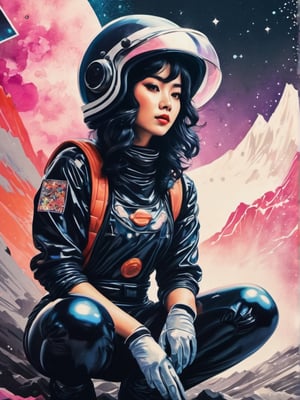 Japanese style, 80s retro vibe, aesthetic, space girl kneeling, submissive, ink brushstrokes in background, looking at viewer, ink rain, stunning image, bubble helmet, ink smoke, geometric mountain background, retro-style sun.