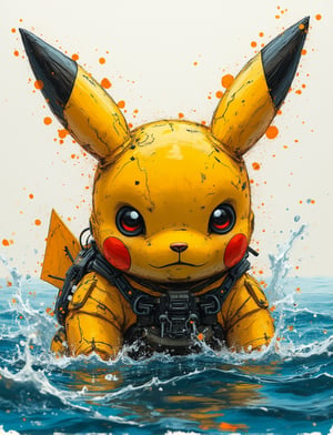 Cyborg pikachu with expressive brushstrokes and mixed wash masterpieces. The scene transcends with depth, inviting us to gaze into the water's air perspective,hanemperor23