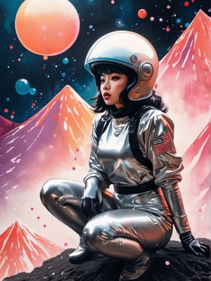 Japanese style, 80s retro vibe, aesthetic, space girl kneeling, submissive, ink brushstrokes in background, looking at viewer, ink rain, stunning image, bubble helmet, ink smoke, geometric mountain background, retro-style sun.