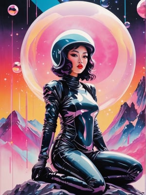 Japanese style, 80s retro vibe, aesthetic, space girl kneeling, submissive, bubble helmet, ink brushstrokes in background, looking at viewer, ink rain, stunning image, ink smoke, geometric mountain background, retro-style sun.