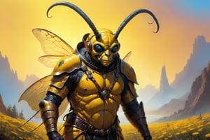 furry human-bee hybrid warrior dressed in medieval chestplate, long antennas, ((Dynamic, exciting, quirky)) digital painting, vivid colors, highly detailed, UHD drawing, pen and ink, perfect composition, 8k artistic photography, concept art, soft natural volumetric cinematic perfect light, Style by Ralph McQuarrie, Wayne Barlowe, Vincent Di Fate, Syd Mead Boris Vallejo, flat chested