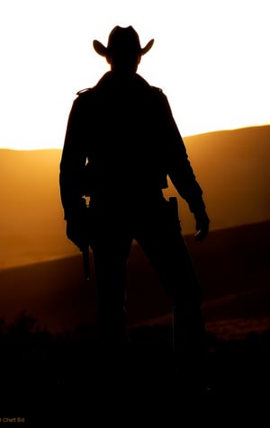 This image features a silhouette of a gunslinger. The lighting setup uses a strong backlight, creating high contrast between the subject 
and the brightly lit background. This backlighting technique results in the details of the subject being in shadow, emphasizing the contours of his body and producing a soft, glowing edge around his silhouette. The brightly lit desert background accentuates the shape and outline of the subject without revealing much detail of his facial features or the texture of his clothing.