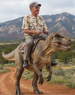 DrDino, old man, riding a dinosaur in Utah. He is wearing a flower pattern shirt.