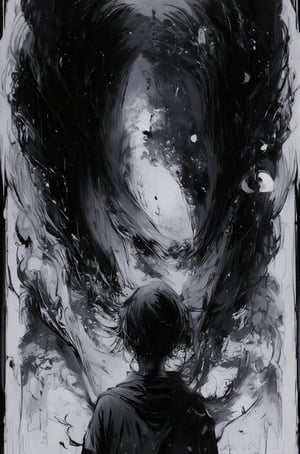 In a black void, a child faces a mirror that reflects not their face but the endless expanse of time itself, stretching into infinity.

Ink art style