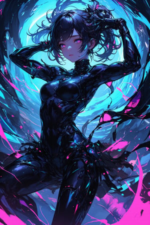 A futuristic girl with cybernetic enhancements and glowing fractal patterns on her skin stands amidst a swirling vortex of neon lights and ink-like wisps. Her eyes, aglow with soft blue luminescence, lock onto the viewer as she performs a dynamic dance pose, surrounded by glitchy digital tendrils that appear to be breaking free from the confines of reality. anime