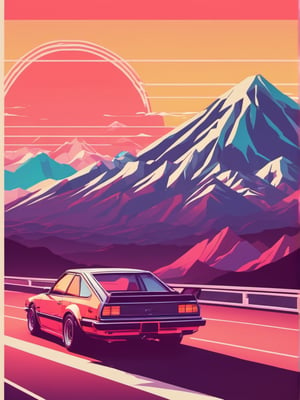 Japanese style, 80s retro vibe, aesthetic, motor sports design, geometric mountain background, retro-style sun.