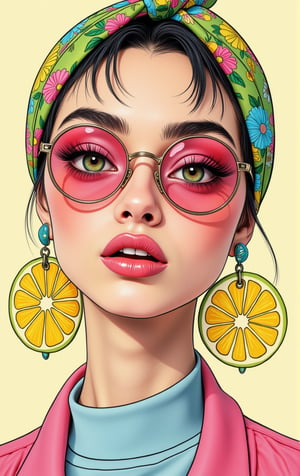 The image is an artistic illustration of a stylish young woman with a vibrant and retro-inspired look. She has a playful and modern vibe, characterized by bold fashion choices and colorful accessories.

Detailed Description:

Headwear: She is wearing a bright green scarf or headband with a lively floral print that includes pink, blue, and yellow flowers. The scarf is tied at the top of her head in a knot, revealing her shaved or closely cropped hair on the sides, giving her a chic and edgy appearance.

Face and Expression: The woman has a smooth complexion with arched, well-groomed dark eyebrows. Her lips are slightly parted, forming a subtle, confident smile. Her makeup appears minimal, with a focus on natural beauty. Her large, almond-shaped eyes are green, with a striking and captivating gaze. The shading around her facial features, such as her chin and cheekbones, is soft, giving the illustration depth.

Sunglasses: She wears round, oversized pink-tinted sunglasses, adding a fun and retro element to her style. The lenses are transparent enough to still see her eyes clearly, and the frame of the glasses is thin and metallic, complementing the rest of her accessories.

Earrings: One of the most striking elements of her outfit is her large, dangling earrings shaped like lemon slices. These bright yellow earrings add a quirky and refreshing touch to her overall look, reinforcing the playful and vibrant mood of the image.

Clothing: The visible portion of her clothing includes a light blue top and a pink cardigan or shawl draped over her shoulders. The soft pastel colors of her clothing contrast nicely with the boldness of her accessories and headwear.


Overall, the image presents a cheerful, trendy, and colorful illustration of a young woman, blending elements of vintage and modern fashion with a playful twist. The use of bright colors and quirky details like the lemon earrings and pink sunglasses creates a lively and energetic feel.

