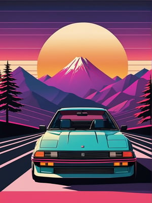 Japanese style, 80s retro vibe, aesthetic, motor sports design, geometric mountain background, retro-style sun.