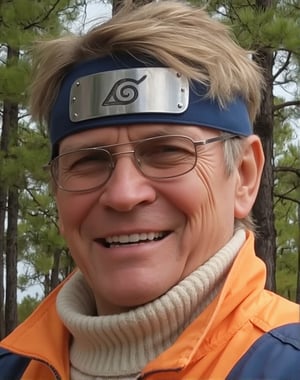 close-up photo of the face of DrDino as an old naruto wearing a bright orange jacket with blue accents and naruto head band. The jacket has a high white knit collar turned up. The jacket's zipper is closed. He has glasses and a lopsided forced smile. Forest in the background. Naruto clothes 