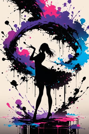 silhouette of a girl, ink brushstrokes in background, looking at viewer, dancing pose, ink rain, stunning image, ink smoke, digital art, professional style, ((masterpiece quality: 1.4)), ink droplets, attractive image.,INK,Ink art