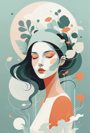 Create a digital anime illustration of a floating woman with a modern, minimalist aesthetic, influenced by Malika Favre. Prioritize clean, precise lines to define the figure and create a sense of delicacy. Use flat colors and negative space to evoke serenity. Incorporate subtle shading and smooth gradients for depth, while maintaining the overall simplicity. Include whimsical plant-like elements emanating from the figure’s head, suggesting growth or rejuvenation. Keep the color palette restrained, and ensure the design feels contemporary and calming