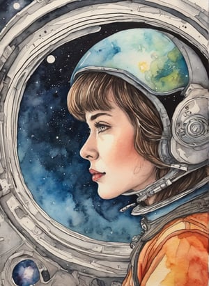 The Girl in the Spaceship Next Door, watercolor, colored pencils, ink (OC)