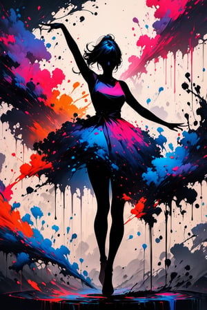 silhouette of a girl, ink brushstrokes in background, looking at viewer, dancing pose, ink rain, stunning image, ink smoke, digital art, professional style, ((masterpiece quality: 1.4)), ink droplets, attractive image.,INK,Ink art