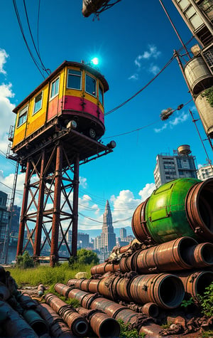 A whimsical scene unfolds from eye-level perspective: a multi-colored depot sits atop a rusted stack of metal poles, its bright blue headlight shining like a beacon. To the right, a green capsule nestles in a pile of textured metal pipes. The color palette gradates from warm yellow at the top to deep blue at the base. Against this industrial backdrop, wispy white clouds drift lazily across the deep blue sky.,a0b,from above,scenery,architecture, deep cityscape, overgrown