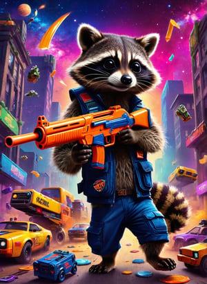 raccoon with nerf shotgun Funk by cosmic Album cover by Roberto Rodriguez