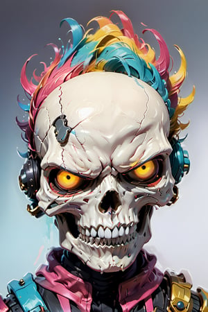 digital drawing of cyberpunk skull with armor, maximalist detailing, colorful, vibrant
