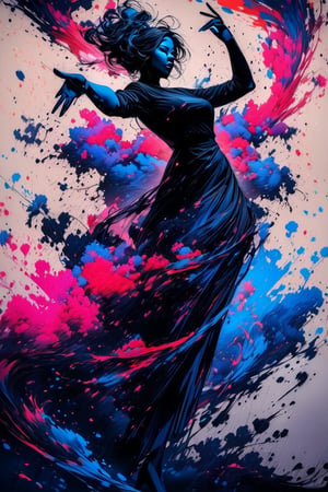 silhouette of a girl, ink brushstrokes in background, looking at viewer, dancing pose, ink rain, stunning image, ink smoke, digital art, professional style, ((masterpiece quality: 1.4)), ink droplets, attractive image.,INK,Ink art, big orange and blue ink swirls