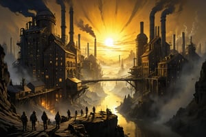 aerial picture of a Steampunk ((industrial complex)) with lots of smoke and coal dust factories with reflective bronze pipes, tired factory workers, golden hour, ((Dynamic, exciting, quirky)) digital painting, highly detailed, UHD drawing, pen and ink, perfect composition, 8k artistic photography, concept art, soft natural volumetric cinematic perfect light, Style by Ralph McQuarrie, Wayne Barlowe, Vincent Di Fate, Syd Mead Boris Vallejo, flat chested,zavy-fltlnpnt, chiaroscuro,merge,anthro