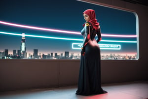 24 year old Muslim girl wearing a Hijab and a cyberpunk hitech skin tight body suit, with cybernetic detailing. Girl standing on the terrace of a skyscraper looking out over a detailed and vibrant cyberpunk mega cityscape, vibrant neon lights and signage. Long skirt covering thighs of cybersuit. Back to viewer, pretty face looking toward the side of frame, cute face in profile. High quality full body UHD photograph, ultra detailed.photo r3al.