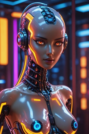 Ultra realistic photography of (sex gynoid:1.4), (neck made of cable and struts:1.3), (no hair, hairless:2), android head with perfect female face, body, (RAW photo, canon 5d, 8k, RAW photo:1.2), front facing, (full body portrait:1.6), (bimbo:1.5), (huge fake breasts, gigantic tits:1.4), (breasts without nipples:1.5), cyberpunk gynoid, front side, subsurface scattering, transparent, translucent skin, glow, 3d style, (glowing eyes:1.4), Cyberpunk style, Movie Still, Leonardo Style, cool colors, vibrant, volumetric light, neon lit bedroom background, detailmaster2, mecha, cyborg style, (narrow waist:2), moaning, sleek android female body with (transparent glass skin:1.3), stripper android, human skin perfect face
