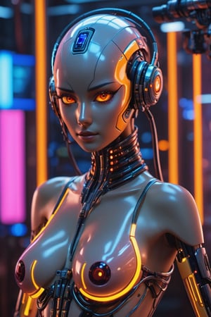 Ultra realistic photography of (sex gynoid:1.4), (neck made of cable and struts:1.3), (no hair, hairless:2), android head with perfect female face, body, (RAW photo, canon 5d, 8k, RAW photo:1.2), front facing, (full body portrait:1.6), (bimbo:1.5), (huge fake breasts, gigantic tits:1.4), (breasts without nipples:1.5), cyberpunk gynoid, front side, subsurface scattering, transparent, translucent skin, glow, 3d style, (glowing eyes:1.4), Cyberpunk style, Movie Still, Leonardo Style, cool colors, vibrant, volumetric light, neon lit bedroom background, detailmaster2, mecha, cyborg style, (narrow waist:2), moaning, sleek android female body with (transparent glass skin:1.3), stripper android, human skin perfect face