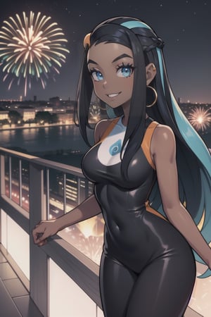 Nessa is a dark skinned girl with a very slender physique, long blue and black striped hair and blue eyes. She wears a long black dress, pearls, alternate_costume, alternate_outfit, fireworks, balcony, night, firework, smiling