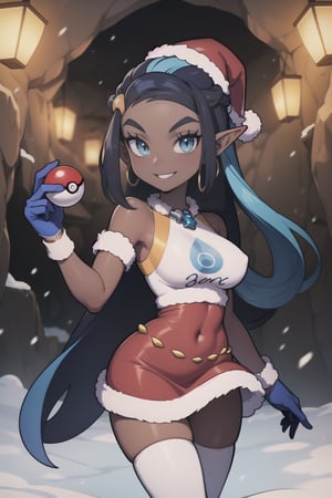 Nessa is a dark skinned girl with a very slender physique, long blue and black striped hair and blue eyes. She wears a santa outfit that is red with white trim, she wears a red santa hat, she is in a snowy cave with christmas lights, she has long white gloves, she has white tights, smile, red clothing, red dress, elf_ears, holding pokeball