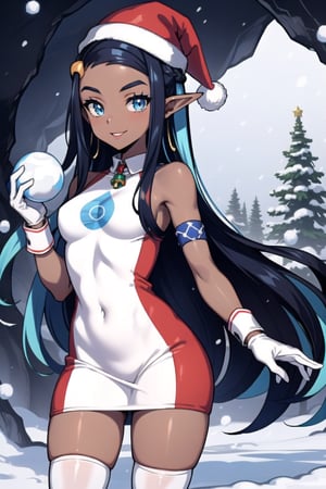 Nessa is a dark skinned girl with a very slender physique, long blue and black striped hair and blue eyes. She wears a santa outfit that is red with white trim, she wears a red santa hat, she is in a snowy cave with christmas lights, she has long white gloves, she has white tights, smile, red clothing, red dress, elf_ears, holding snowball, long white gloves
