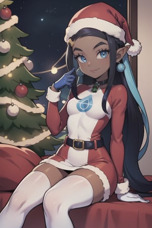 Nessa is a dark skinned girl with a very slender physique, long blue and black striped hair and blue eyes. She wears a santa outfit that is red with white trim, she wears a red santa hat, she is near tree with christmas lights, she has long white gloves, she has white tights, smile, red clothing, red dress, elf_ears, long white gloves, inside cottage, petite