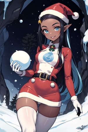 Nessa is a dark skinned girl with a very slender physique, long blue and black striped hair and blue eyes. She wears a santa outfit that is red with white trim, she wears a red santa hat, she is in a snowy cave with christmas lights, she has long white gloves, she has white tights, smile, red clothing, red dress, elf_ears, holding snowball, long white gloves