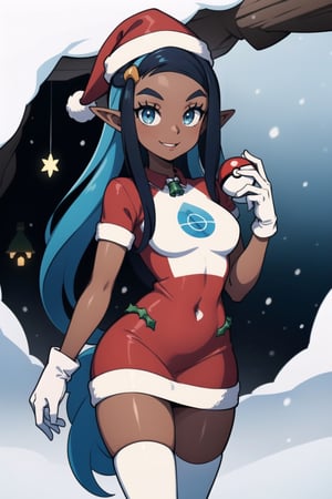 Nessa is a dark skinned girl with a very slender physique, long blue and black striped hair and blue eyes. She wears a santa outfit that is red with white trim, she wears a red santa hat, she is in a snowy cave with christmas lights, she has long white gloves, she has white tights, smile, red clothing, red dress, elf_ears, holding pokeball, white gloves