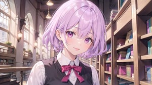 short hair, (light purple hair), (pixie_cut), (curls), red eyes, inside, window_ceiling, (magical library), close up, lips, beautiful eyelashes, stylish clothes, school uniform, red ribbon, white sweater vest, black collared shirt, smile,
