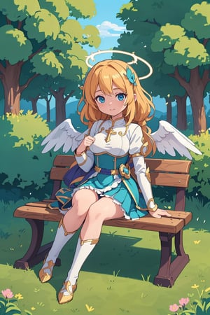 anime girl sitting on a bench with angel wings and a halo, portrait knights of zodiac girl, anime goddess, knights of zodiac girl, trending on artstation pixiv, angel knight girl, oc commission, anime moe artstyle, anime art wallpaper 8 k, zerochan art, detailed fanart, digital art on pixiv, splash art anime 