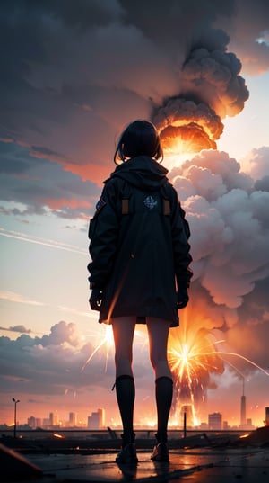 a girl, standing alone contemplating the explosion of a nuclear bomb, city razed to the ground, seen from behind, (extremely grim canvas), (detailed sinister sky), (((medium shot))), ashes and fire in the wind, flying splashes, wind, apocalyptic, shower of sparks, hellish atmosphere, grim, epic, award-winning, masterpiece, perfect anatomy, perfect composition, perfect and detailed, photo-realistic, dramatic,
