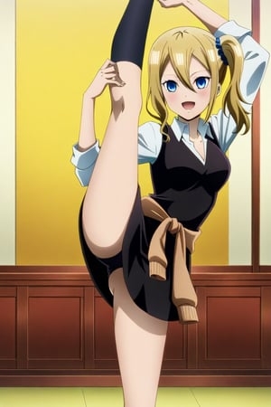 ,(2d, anime screencap:1.2), masterpiece, best quality, high quality,, ,1girl,hayasaka ai,kaguya-sama wa kokurasetai ~tensai-tachi no renai zunousen~ , ,:d, standing split, leg lift, school uniform