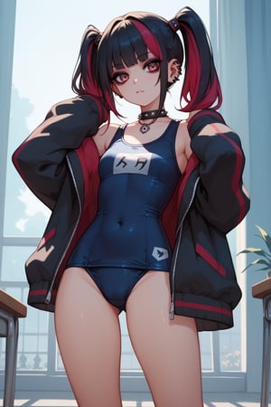 Prompt: score_9, score_8_up, score_7_up, score_6_up,,BREAK,1girl,emo,gothic ,twintails, multicolor_hair,,school_swimsuit,open_jacket,
