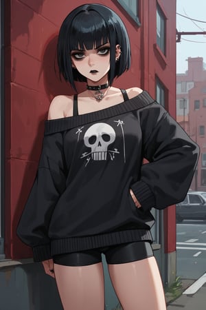 score_9, score_8_up, score_7_up, cinematic light, 1girl,emo,gothic,black_hair,bike_shorts,,sweater, off_shoulder,